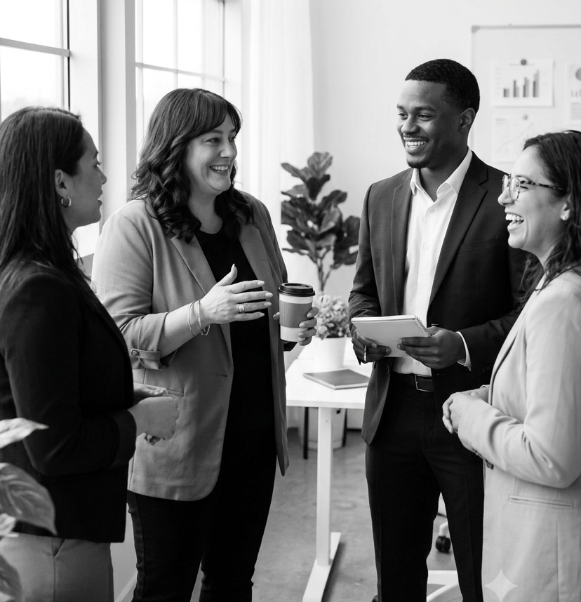 A diverse business team collaborating in a bright office